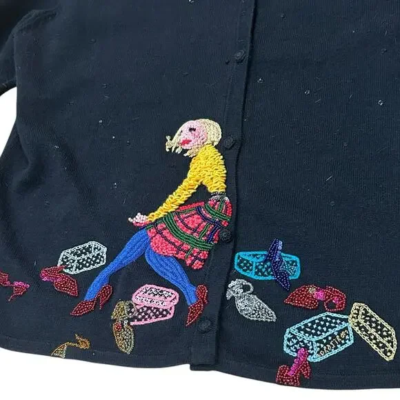 Vintage Black Michael Simon Cardigan Beaded Embroidered Sweater / XL - - Picture 2 of 5